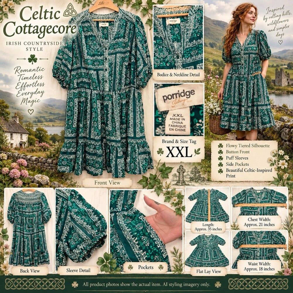 Porridge Anthro XXL Green Celtic Cottagecore Peasant Dress Pockets Folk Prairie